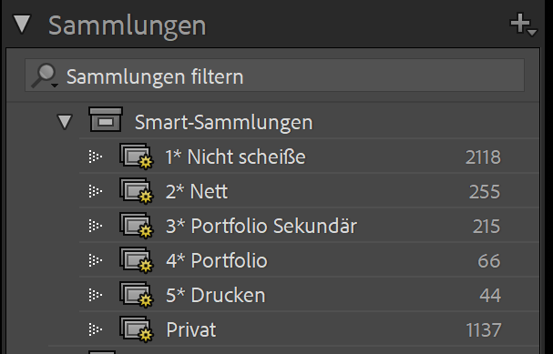 Jeder Ordner enthält alle Bilder mit gleich oder mehr Sternen. Alles ab 3 Sternen schließt private Aufnahmen mit aus.